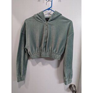Zara Ribbed Corduroy Mint Green Cropped Hoodie Pullover Size XS